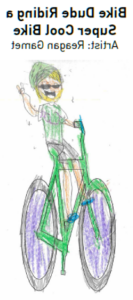 Dude with glasses, hat, and hand in a peace sign rides a green and purple bike.
